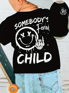 Toddler Boys Somebody's Feral Child Graphic T-Shirt, Retro Skeleton Hand Smiley Face Short Sleeve Cotton Tee for Kids, Casual Streetwear Shirt for Little Boys