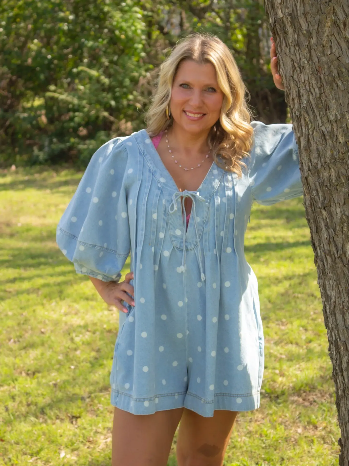 Polka Dot Denim Romper With Puff Sleeves and Tie Front