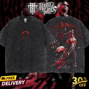 HardTimeClothing - Kratos God Of War Retro Vintage Unisex Oversize Anime Manga Acid Washed Heavyweight Cotton T-shirt, Anime Merch, Gift For Anime Fan. Clothes Oversized