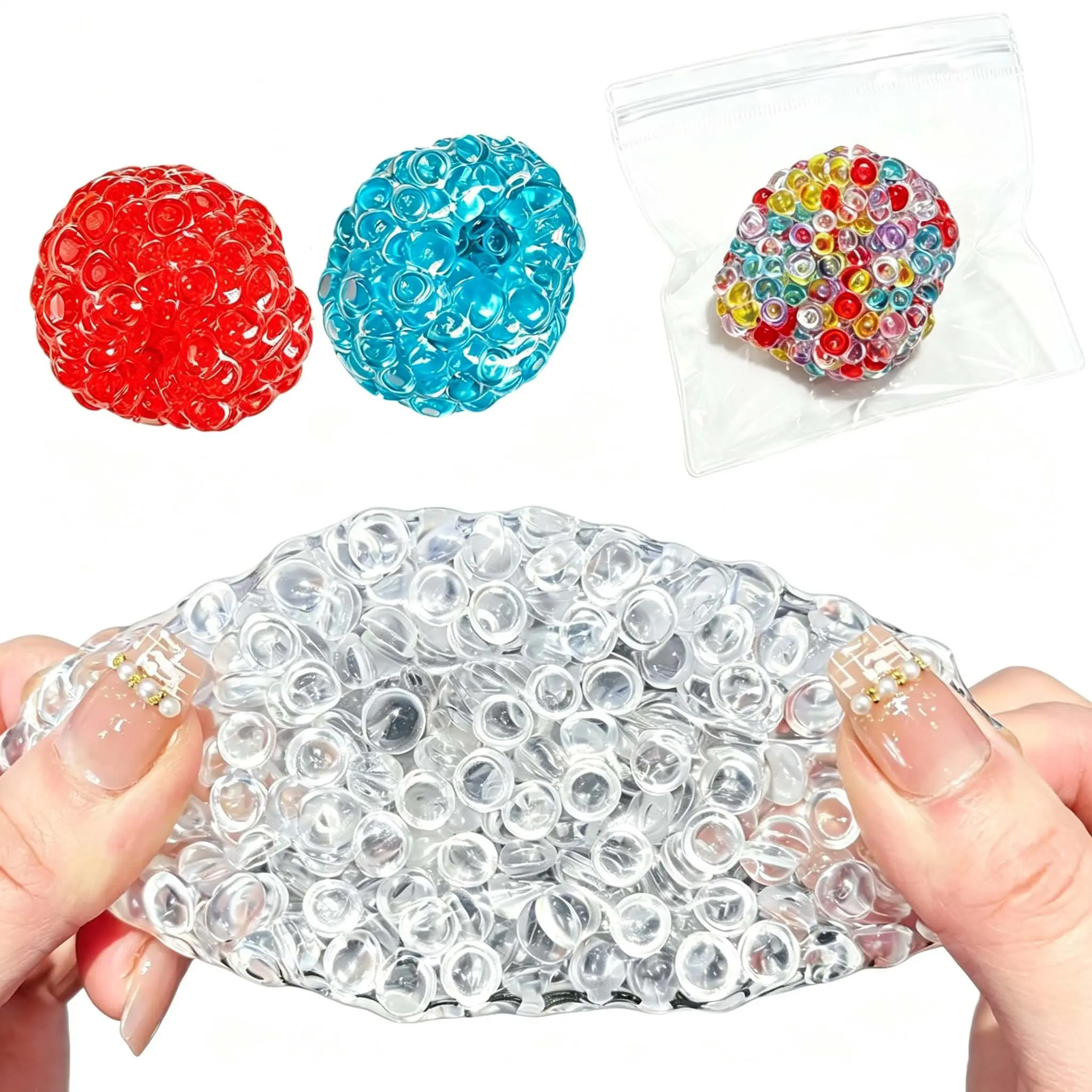 3 pcs/5 pcs assorted colors; moldable “white moonlight” squishy balls; handmade ball bead strands; toys for stress relief and venting emotions; colorful squishy balls; popping beads; pinch-and-play creative mini toys