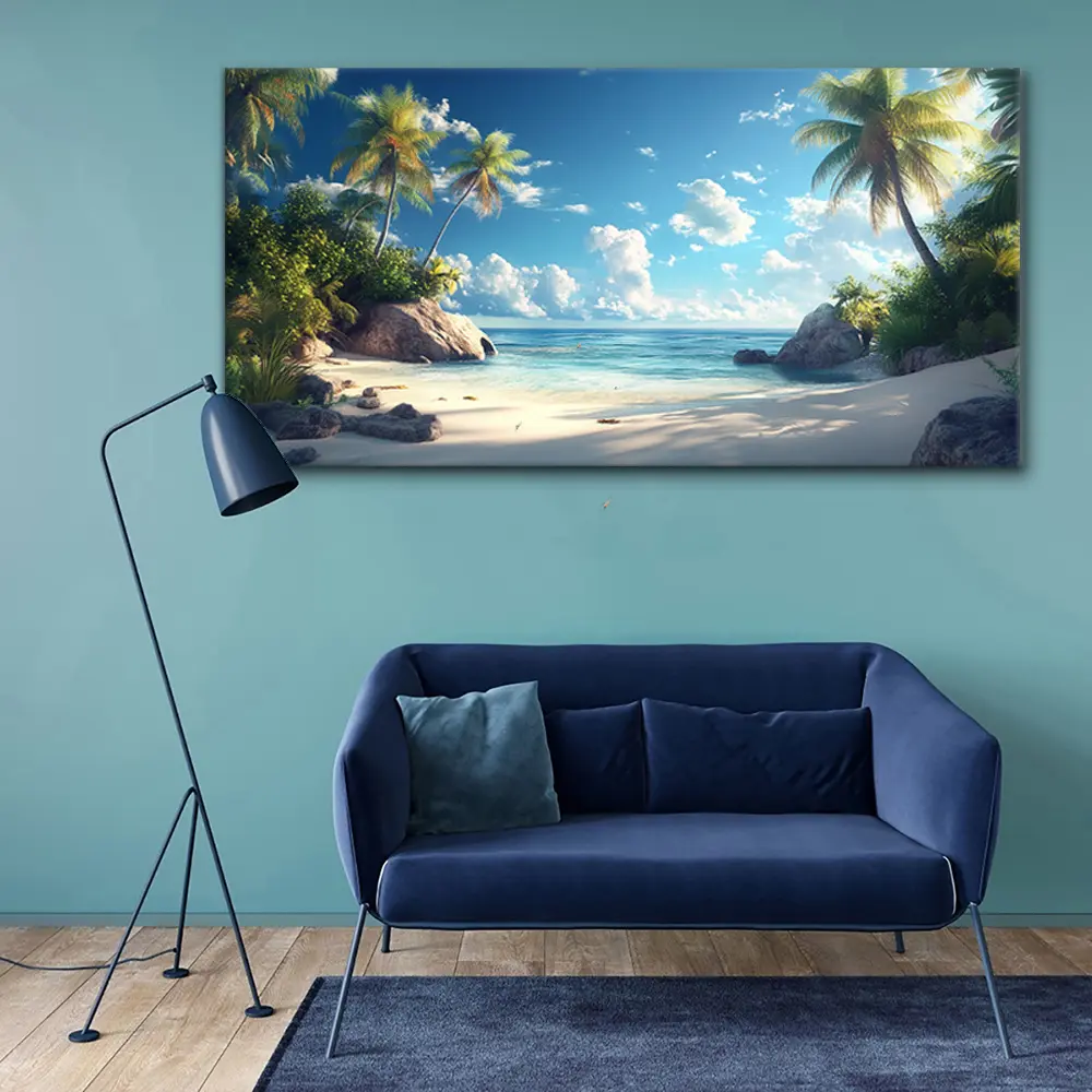 Tropical Paradise Modern Abstract Canvas Wall Art Palm trees and ocean, Vibrant ink print on premium canvas, Perfect for living room, bedroom, office, Tranquil beach print |   Wraparound canvas art, Beach themed wall decor