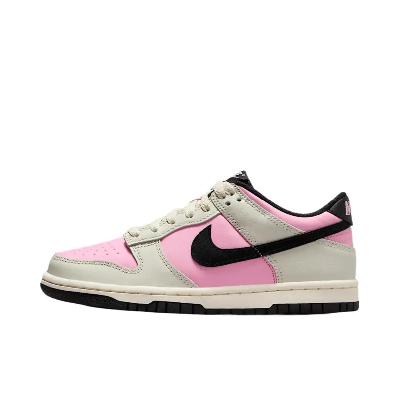 NIKE Youth Women's Dunk Low Pink Rise Colorblock Sneakers - Leather Base, Low Top Fit, Light Orewood Brown Overlays, Pale Ivory/Black Accents, Daily Wear, Casual Footwear, Trendy Fashion Sneaker