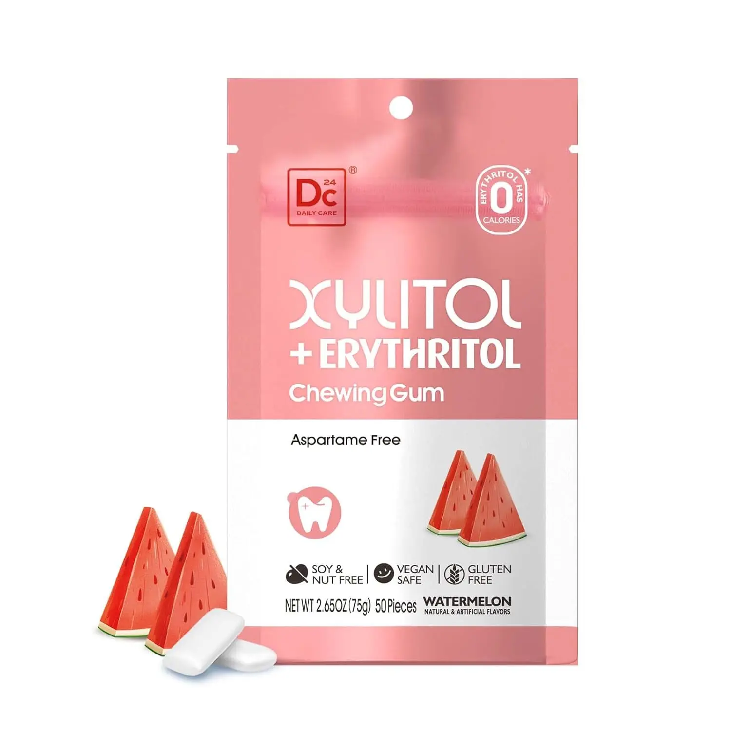 DC24 DAILY CARE Gum, Aspartame Free & Sugar Free Gum, Xylitol Chewing Gum with Erythritol, Low-Calorie, Sugarless, Watermelon Flavored Gum, 50 Pieces (Pack of 1)