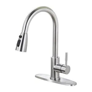 WOWOW High Arc Single Handle Brushed Nickel Kitchen Faucets with Pull Down Sprayer, Pull Out Kitchen Faucet with Deck Plate