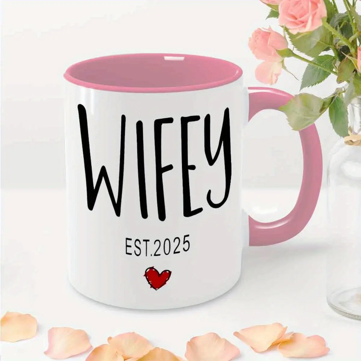 Funny Humorous Sarcastic 11oz Ceramic Coffee MugLove and Commitment: 'WIFEY EST.2025' Pink Handle Mug - Perfect Gift for Your Special SomeoneIdeal Birthday Gift for Women, Men, Friend, Coworker, Family