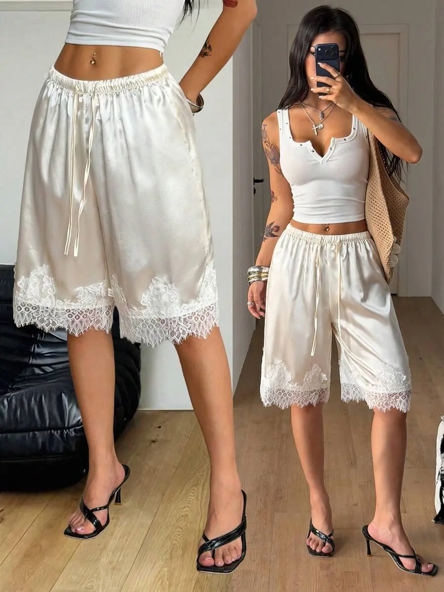 Y2KSTYLE Women's Elegant White Satin Lace Trim Shorts, Summer Vacation, Elastic Waist Loose Ruffled Bloomers For Brunch, Casual Cream Spring Summer Looks