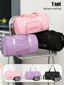 2PCS/Set Solid Color Simple Letters Cute Ballet Dance Luggage Bag For Girls' Gym Fitness Travel Luggage, And A Black Storage Bag With WASHBAG Letter Pattern, Large Capacity Casual Zipper Tote Bag, For Travel, Sports, Daily