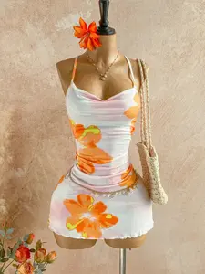 Summer Beach Party Fashion Casual Fitted Ruffle Hem Women's Dress, Random Print Design, Suitable for Daily Wear, Stylish and Comfortable