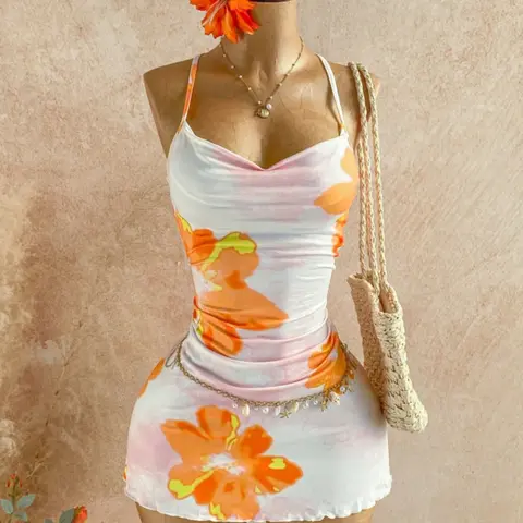 Summer Beach Party Fashion Casual Boho Chic Bohemian Aesthetic Fitted Lightweight Ruffle Hem Women's Dress, Boho Bohemian Casual Comfy, Ruffled Womenswear Floral Random Print Design, Suitable for Daily Wear, Stylish and Comfortable