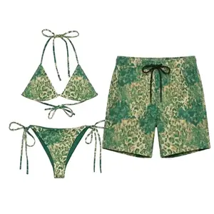 Green Amethyst Leopard String Bikini and Men’s Swim Trunks Set, Vintage Animal Print Couple Swimsuit