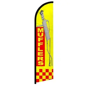 Banner Flag – Yellow Mufflers Design with Cartoon Exhaust Pipe Character, Auto Service Shop Signage, Outdoor Advertising