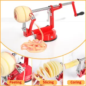 Three-in-One Fruit Peeler, Slicer, and Corer with a powerful suction cup base and stainless steel blades, perfect for family gatherings and parties.