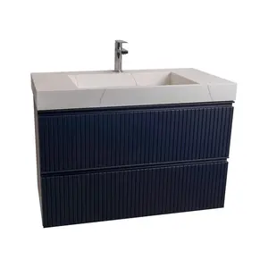 Ares 31.5 Navy Blue Cabinet, Solid Surface Matte White Top Carrara Infinity Sink, Wall Mounted Modern Vanity Set Faucet
