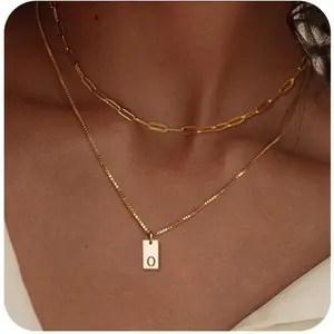 Initial Necklaces for Women, 14K Gold Plated Layering Paperclip Chain Necklace Personalized Simple A-Z Letter Name Tag Pendant Necklace Gold Layered Necklaces for Women Jewelry Gifts