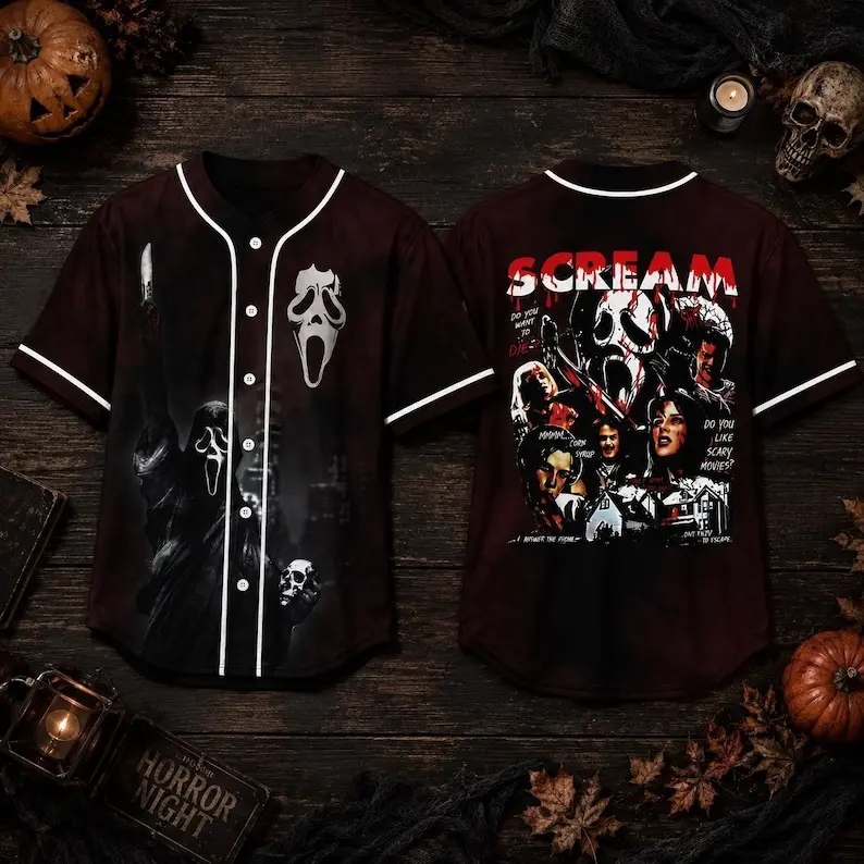 Personalized Spooky Ghostface Halloween Baseball Jersey, Horror Movie Shirt, Scary Season Fan Gift