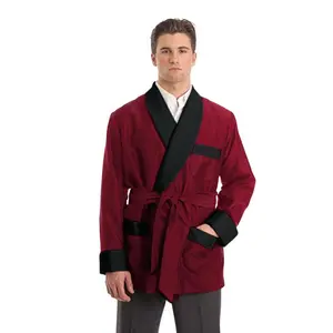 Silky Satin Smoking Jacket - Burgundy with Black Facings