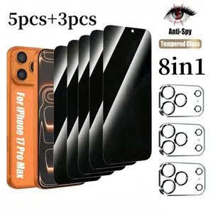 8in1 5Pcs Privacy Screen Protector for iPhone 17 Pro Max 16 15 14 13 Pro Max Plus 16E 17Air with 3Pcs Camera Lens Protective Film High quality Full Coverage Anti Spy 9H Hardness Tempered Glass Film No Bubbles Case Friendly Installation Protection
