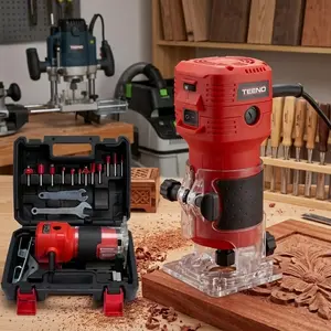 650W Electric Wood Trimming Router 32000RPM 6-Speed Adjustable with 1/4" 12pc Bit Set Guide Bushing Portable Tool Case for DIY Carpentry