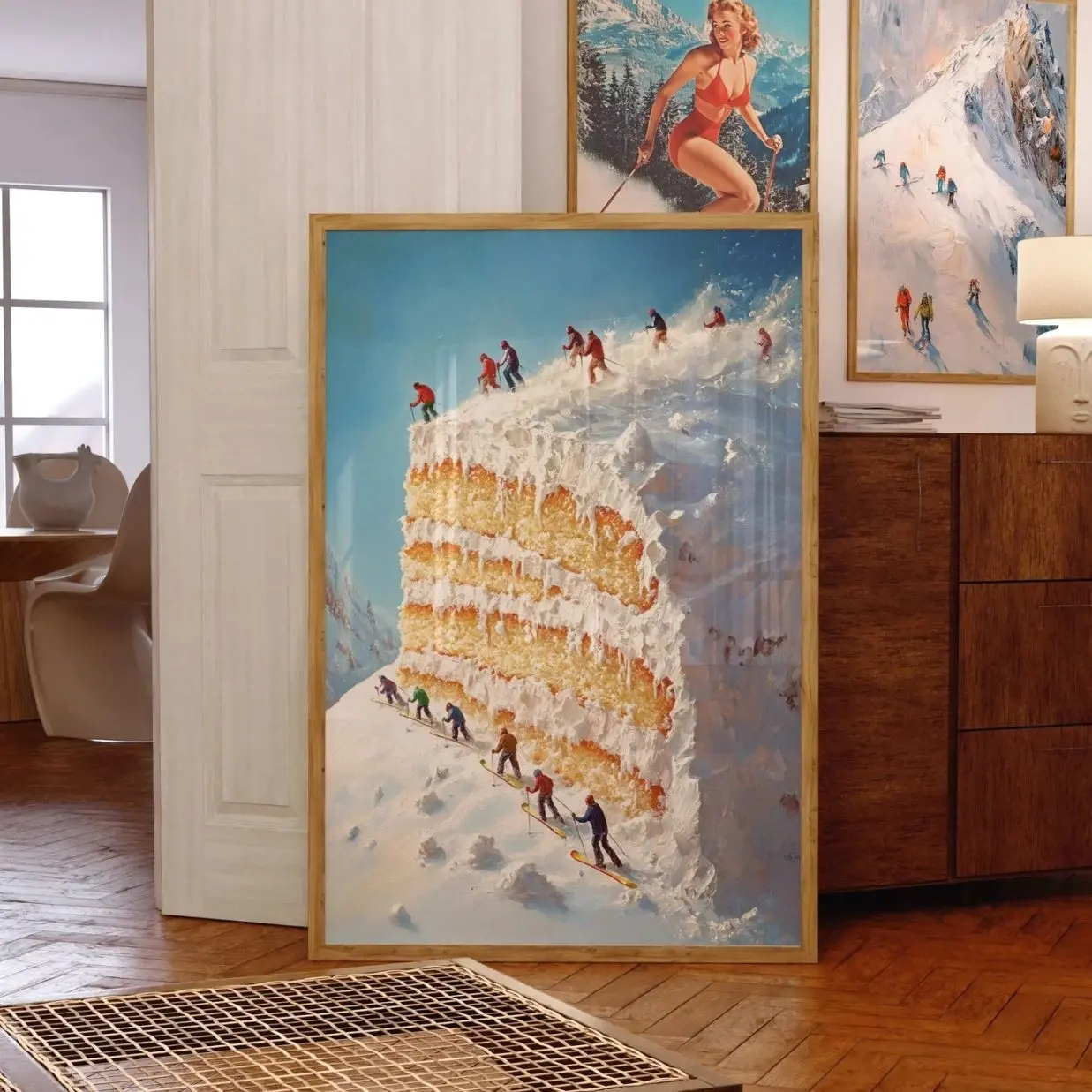 Funky Apres Ski Wall Art ,Mini Skiers On Frosty Cake Print ,Cozy Ski Cabin Decor, Winter Wall Art ,Minimal Home Decor |Framless Poster 3 Decoration Satin