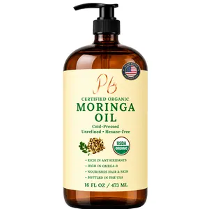 Pomberries USDA Organic Moringa Seed Oil 16 fl oz | 100% Pure, Cold-Pressed, Unrefined | Face, Hair, Skin & Body | Amber Glass Pump Bottle