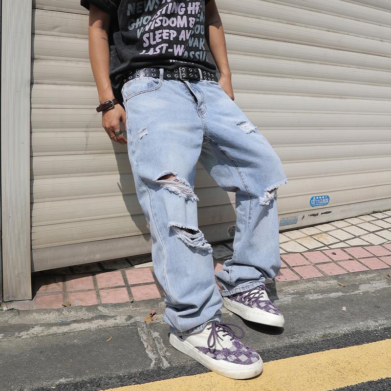 MZNBURAM Men's Ripped Non-Stretch Relaxed Fit Straight-Leg Denim Pants Jeans-Menswear Streetwear Trouser