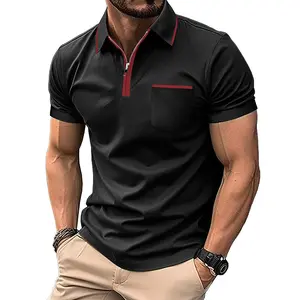 Menswear Short-Sleeve Cotton Blend Quarter-Zip Polo Shirt - Soft, Minimalist, Basic, Pocket-Equipped, Breathable, Casual Business Top for Summer Daily Office Use