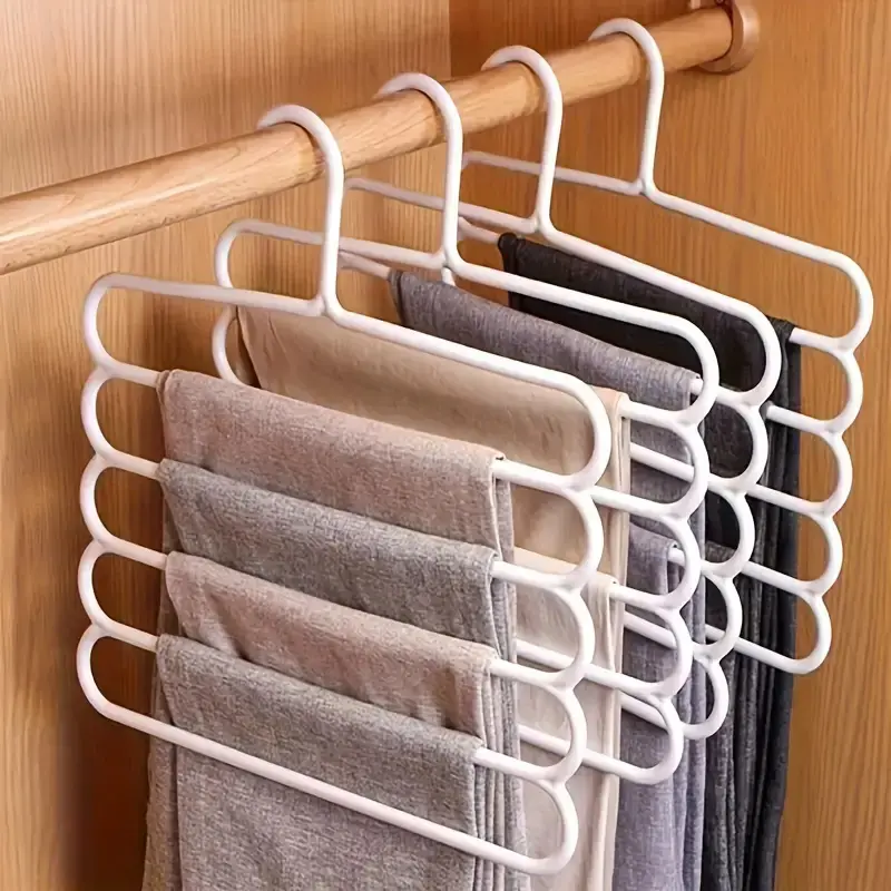 Closet Organization System 2-Piece Multi-Functional 5-Compact-Layers Antislip Grip Pants Scarf Hold Rack Hanger Set with Plastic Space-Saving Hat & Clothes Storage, Anti-Slip Design for Jeans Skirts Cover Legs