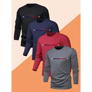 Men's 4-Pack Spring/Fall Long Sleeve T-Shirts with Paris Letter Print - Casual Lightweight Fashion for Running Golf Fishing Basketball Camping & Gym Perfect Gift for Husband or Boyfriend - Compression Tops