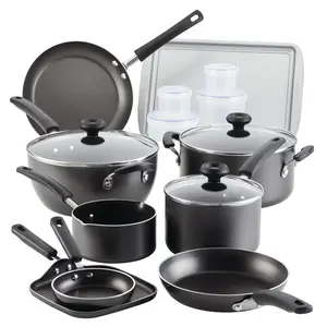 Easy Clean 20 Pcs Nonstick Cookware Set and Glass Lids with Cooking Tools and Food Storage Containers, Dishwasher Safe, Gray