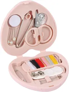 Heart Shaped Portable Travel Sewing Repair Kit - Mini Box with Threads, Scissors, DIY Hand Sewing Needles, Pink