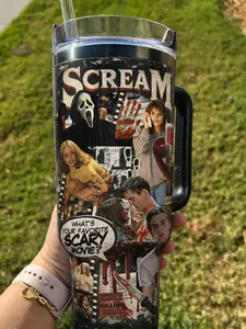Scream Horror Movie Collage 40oz Tumbler Black Insulated Travel Mug With Handle Stainless Steel Halloween Slasher Fan Gift Cup