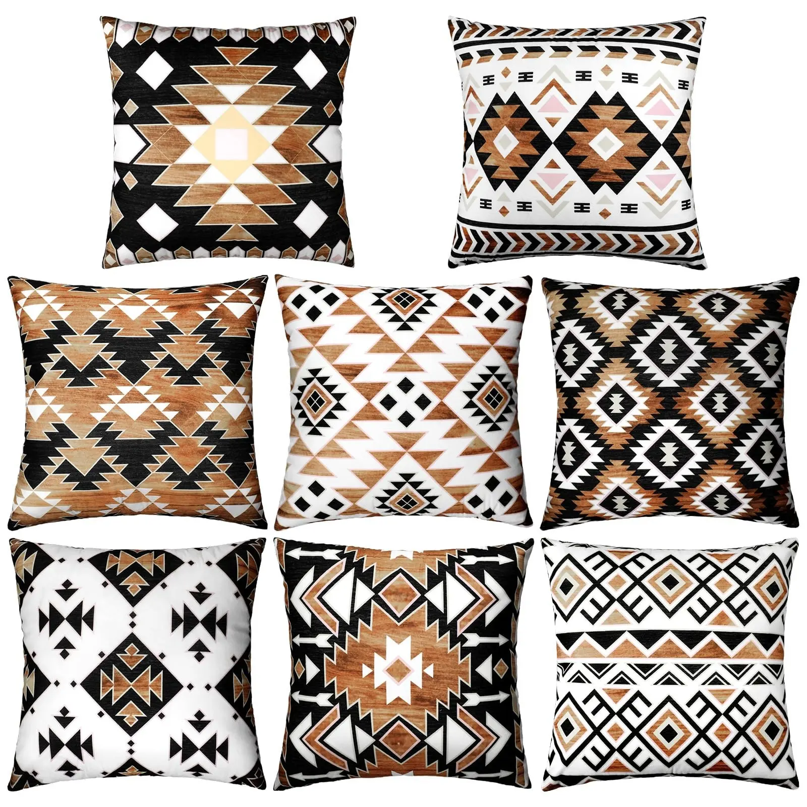 8 Piece Set 18x18 Inch Western Aztec Print Pillow Covers, Vintage Western Theme Decor, American Country Style, Southwest Cowboy Sofa Cushion Cover