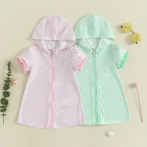 Girls Swim Cover Up Short Sleeve Zip Up Hooded Striped Bathing Suit Coverup Kids Pool Beach Robe