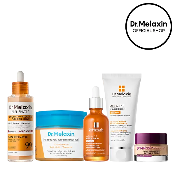 [Dr.Melaxin Official] Post-Blemish Dark Spot Glow Set, 5-Piece | Kojic Peel Shot, Kojic Toner Pad, MELA-C·E Vitamin C Serum & Cream + Tinted Eye Cream | Dark Spot & Uneven Tone Care | Korean Skincare
