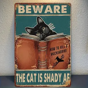 1pc Vintage "Beware of Cat" Metal Tin Sign - 8x12 Inch Retro Cat Warning Wall Decor, Humorous Garage & Garden Art with French-Style Cat Design, Ideal Gift for Cat Lovers, Farmhouse or for Cave Decoration (Easy Mounting Hardware)