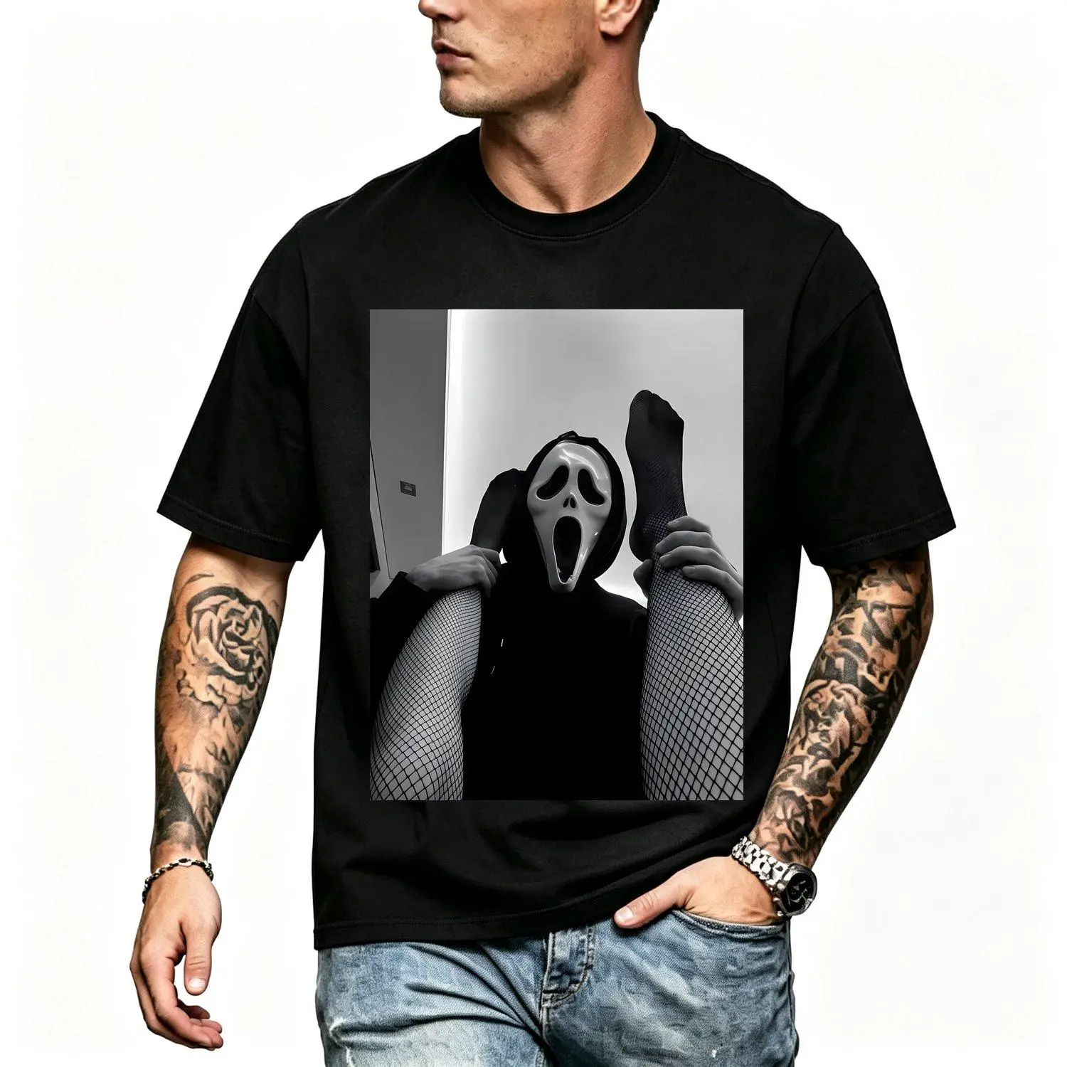 Horror Streetwear Oversized Graphic Men Short sleeve T shirts Bold Mask Print Crewneck Top for Halloween or Everyday Grunge Casual Menswear