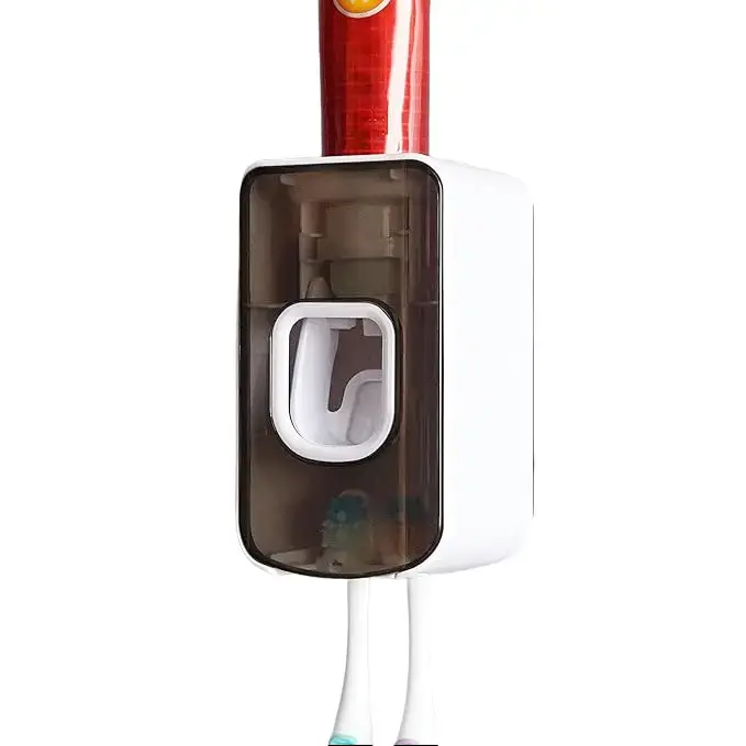 2 in 1 Toothbrush Holder & Toothpaste Dispenser – Wall Mounted Automatic Squeezer, 2 Slot Bathroom Organizer for Brush & Paste, No-Drip Grey