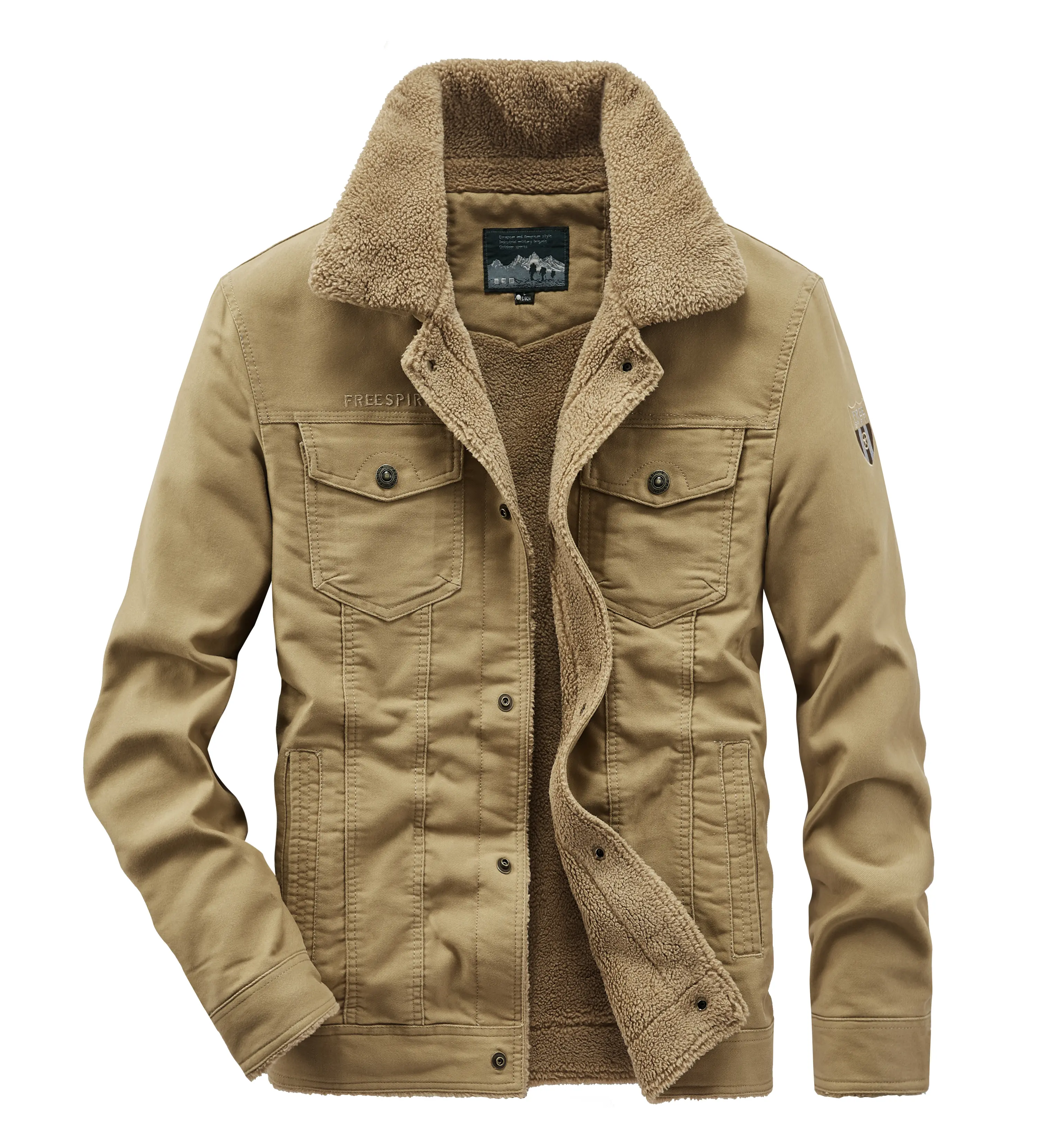 Men’s Sherpa-Lined Winter Trucker Jacket Warm Multi-Pocket Casual Jacket with Collar Men’s Top Cotton Fleece Long Sleeve Autumn Freshness Khaki Beige Jacket Outdoor Fun