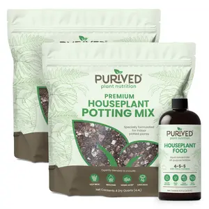Purived Essential Plant Care PLUS 2 (4 Quart) Bags of our Premium Houseplant Potting Mix with 1 16oz Bottle Purived Houseplant Food