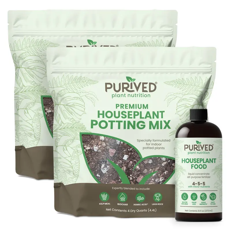 Purived Essential Plant Care PLUS 2 (4 Quart) Bags of our Premium Houseplant Potting Mix with 1 16oz Bottle Purived Houseplant Food
