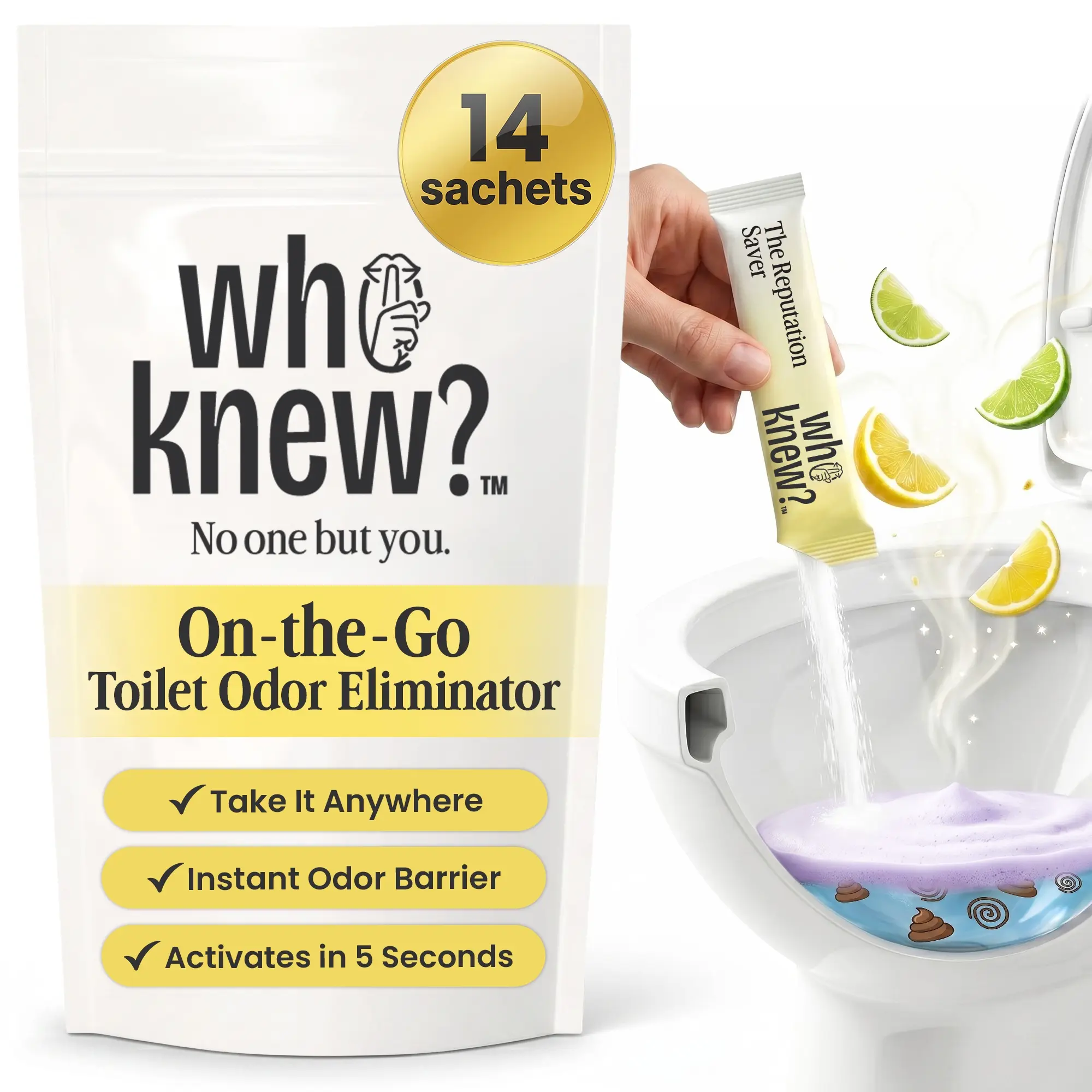 Who Knew Toilet Foam Bombs - 14 Count Discreet & Portable Citrus Scent Foaming Powder | On-The-Go Toilet Refresher for Bathroom Anxiety | Instantly Eliminates Odor, Sound & Stains
