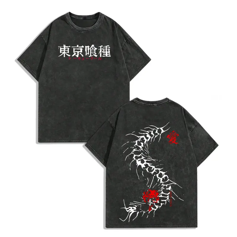 Women's Distressed Graphic T-Shirt, Vintage Anime Centipede Print in Acid Washed Pure Cotton, Oversize Round Neck Streetwear Tee, Tshirt, Festive, L, Modest, Oversized Fit, Shortsleeve, Lady, Casual