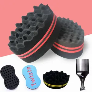 4pcs Big Holes Magic Sponge Brush, 1pc plug-in comb, Styling Tool Specific Sponge Comb Oil Head Comb, for Wave, Coils, and Afro Hair