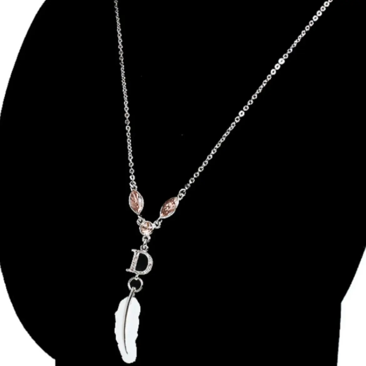 Pre-owned Dior Metal Necklace Christian D Logo Rhinestone Feather Silver Tone 22" Pendant W/Box #0050