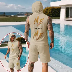 Men's Two-Piece Set: Retro-Print Hooded Vest & Shorts — Regular Fit, Casual Sporty Style, Sleeveless Top & Shorts; Men's Summer Apparel