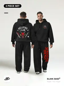 Stranger Things 「2-Piece Set」 Hellfire Club Loose Hoodie + Sporty Wide-Leg Pants, Casual Breathable, Unisex Trendy Clothing