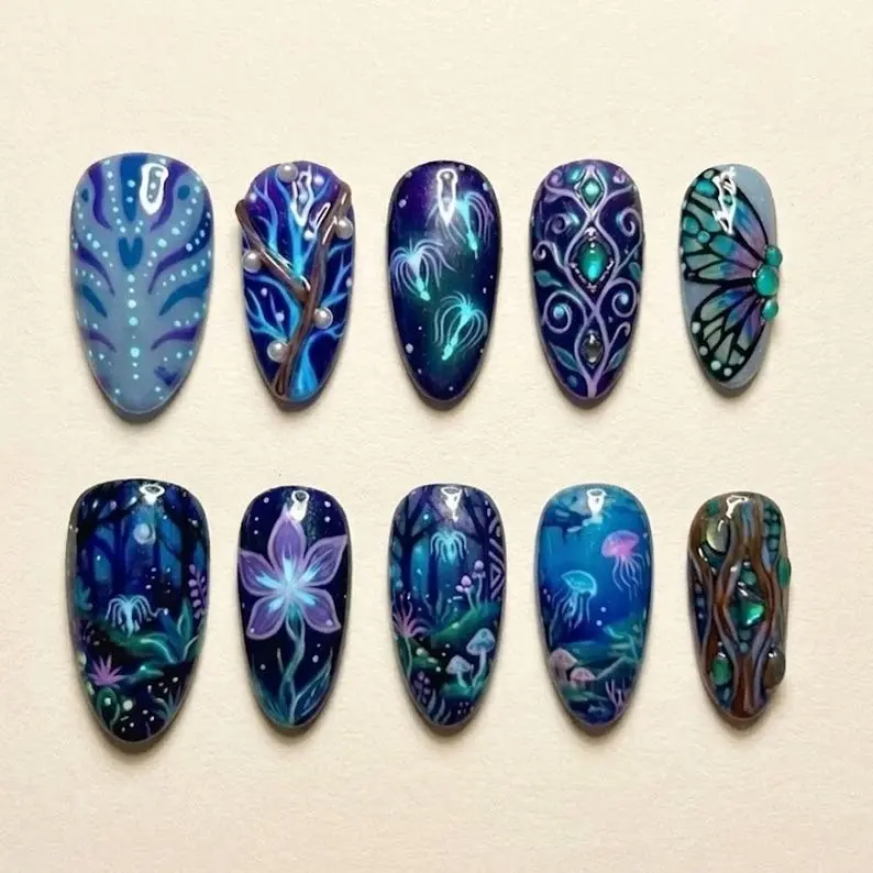 Glow In The Dark Press On Nails Bioluminescent Jellyfish Blue Galaxy Nails