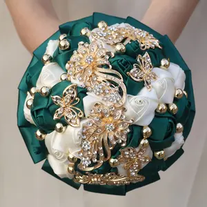1pc Bride Wedding Bouquet with Rhinestone Pin, Emerald Satin Handheld Artificial Flower Arrangement, Romantic Bridal Party Gift
