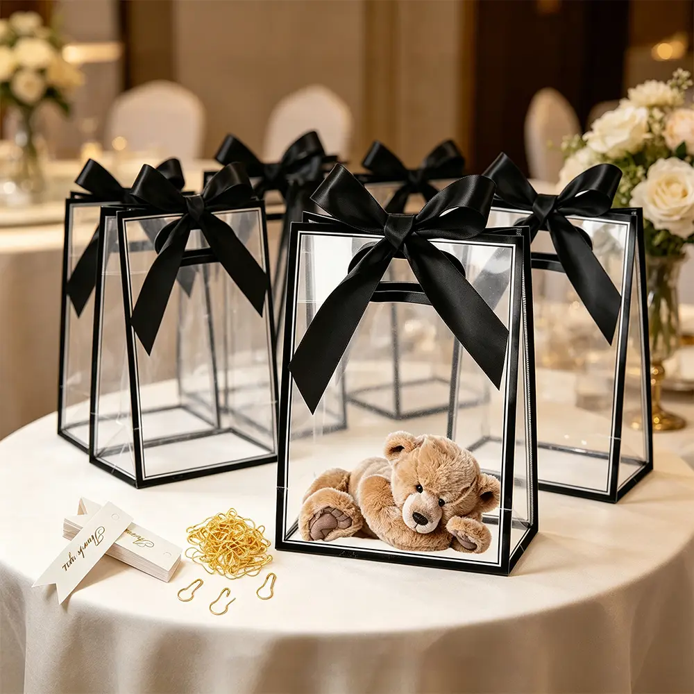 24 Pcs Clear Plastic Gift Bag with Die Cut Handle Reusable PP Favor Bag with 24 Ribbon, 24 thank-you cards, and 50 black for Graduation Wedding Bridal Birthday essentials outdoor fitness