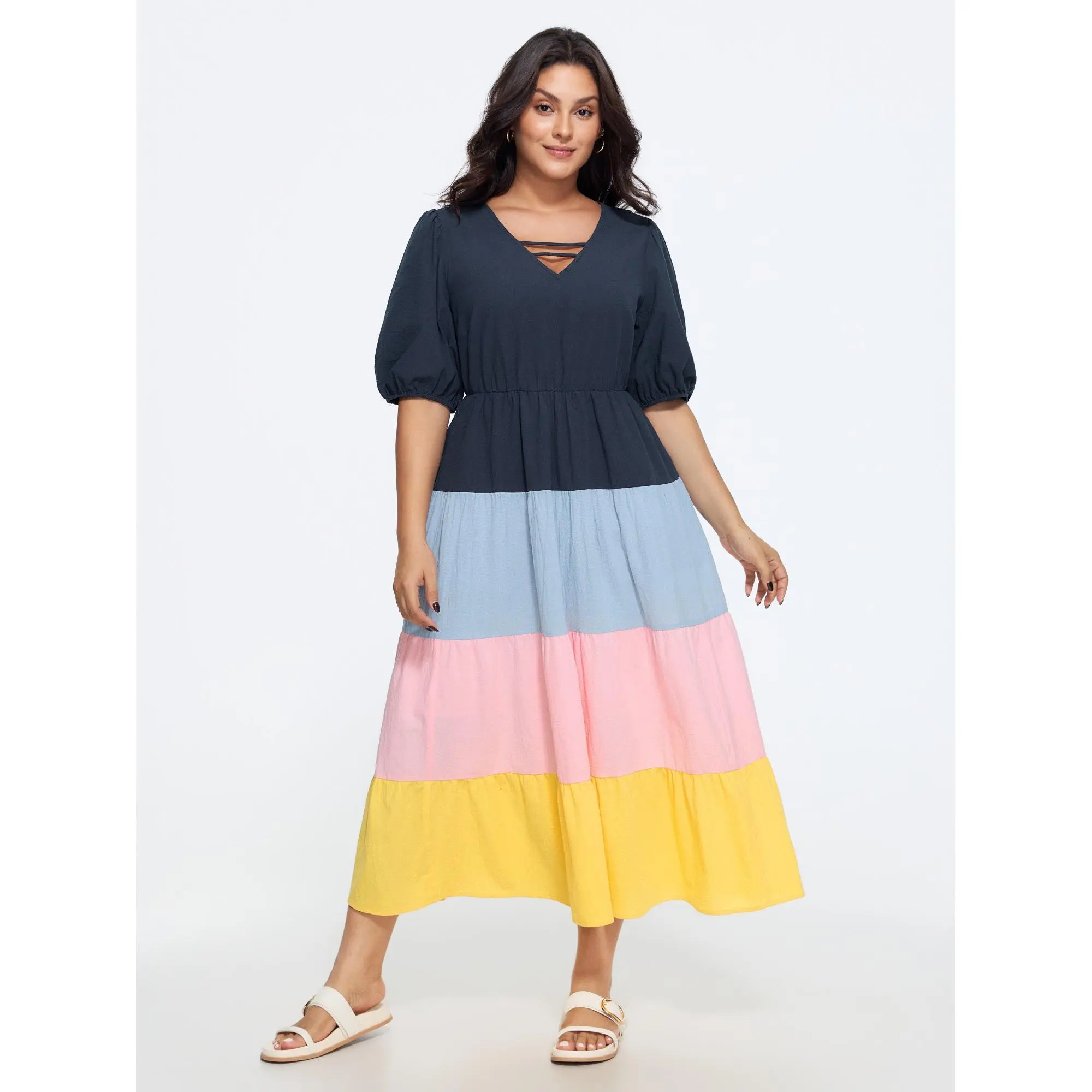 BLOOMCHIC Women's Plus Size Smooth Cotton Color Block Tiered Maxi Dress - Casual Fit Garment [M-6X] 2026 Summerfinds